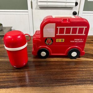 Rare Vintage YPW Rolling Fire Truck Lunch Box And Thermos